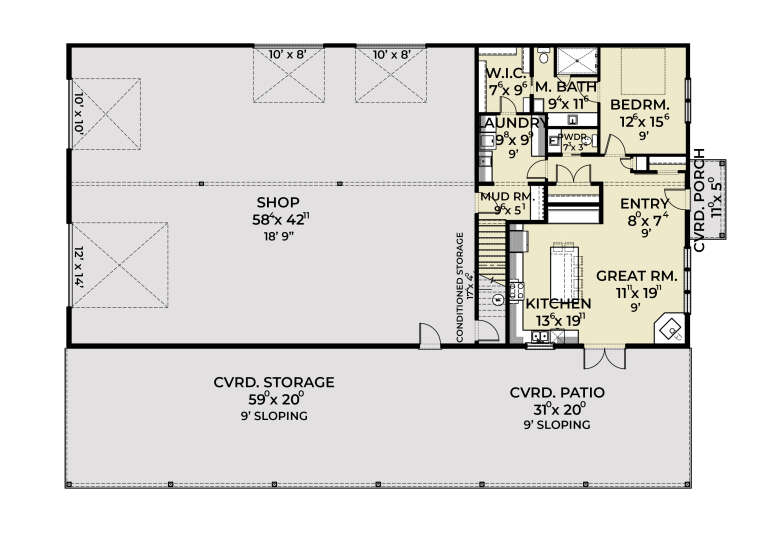 Main Floor: 1BR, 1.5BA, Great Rm, Kitchen, Mud Rm, Ldry, WIC, Stairs, Shop, Conditioned Storage, Cvrd Patio, Cvrd Porch. House Plan # 2464-00247 Main Floor  Floor Plan Drawing by America's Best House Plans, Inc.