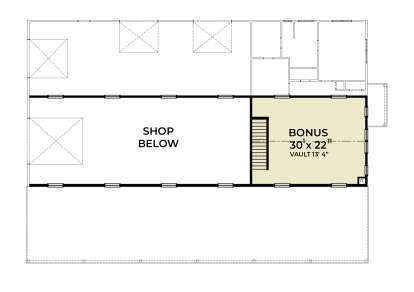 Bonus Room with 13'4" vaulted ceiling, stairs, shop area below, storage rooms. House Plan # 2464-00247 Bonus Room Floor Plan Drawing by America's Best House Plans, Inc.
