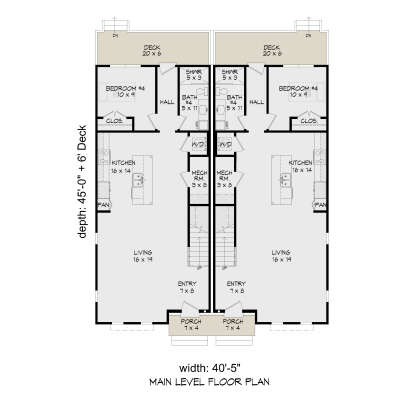 Main Floor: 2-unit duplex, 1BR/1BA per unit, Living, Kitchen, Pantry, Ldry, Mech, Stairs, Porch, Deck. Unheated: Porch/Deck. House Plan # 940-01459 Main Floor  Floor Plan Drawing by America's Best House Plans, Inc.