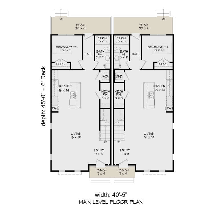 Main Floor: 2-unit duplex, 1BR/1BA per unit, Living, Kitchen, Pantry, Ldry, Mech, Stairs, Porch, Deck. Unheated: Porch/Deck. House Plan # 940-01459 Main Floor  Floor Plan Drawing by America's Best House Plans, Inc.