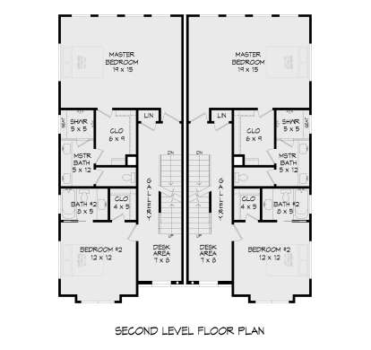 Second Floor: 4BR, 4BA duplex. Each unit: 2BR, 2BA, Gallery, Desk Area, WIC, Linen closets, stairs. Mirror image layout. House Plan # 940-01459 Second Floor Floor Plan Drawing by America's Best House Plans, Inc.