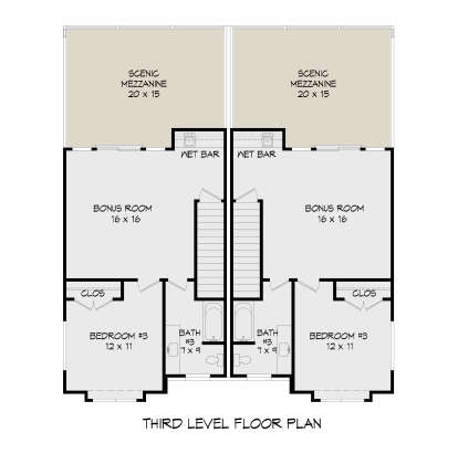 Third Floor: 2 BR, 2 BA, 2 Bonus rooms, 2 Wet bars, 2 Closets, 2 Stairs, 2 Scenic Mezzanines (unheated). Duplex layout. House Plan # 940-01459 Third Floor Floor Plan Drawing by America's Best House Plans, Inc.