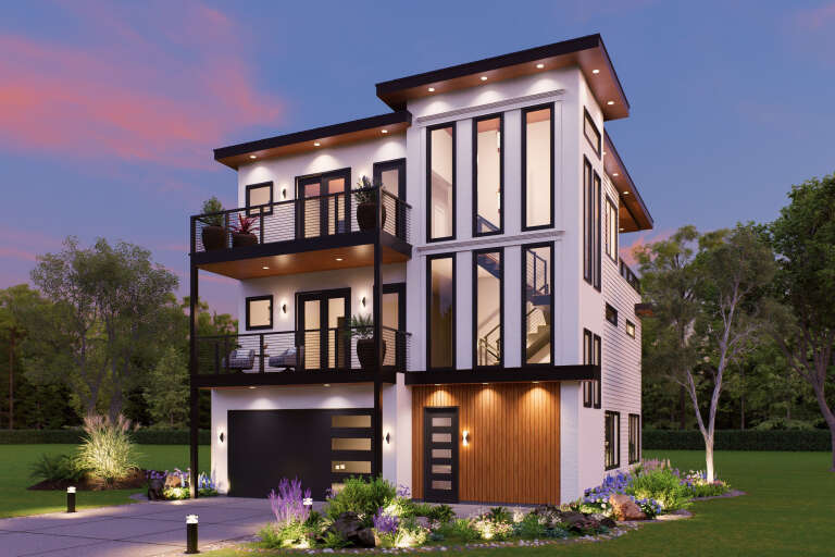 White Modern, Angled Front Elevation at Dusk, wood siding, black balconies, lit interior, recessed lighting, landscaping. House Plan # 940-01460 Digital Rendering by America's Best House Plans, Inc.