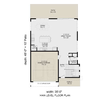 Main Floor: 0.5 Bath, Great Room, Kitchen, Dining, Pantry, 2-car garage, Porch, Patio, Stairs. 10' ceilings throughout. House Plan # 940-01460 Main Floor  Floor Plan Drawing by America's Best House Plans, Inc.
