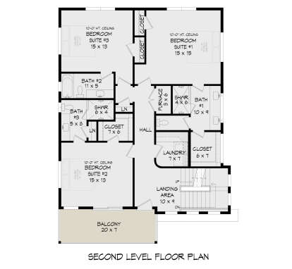 Second Floor: 3BR, 3BA, Ldry, Balcony, stairs, furnace room, multiple closets. 10' ceilings in all bedrooms. House Plan # 940-01460 Second Floor Floor Plan Drawing by America's Best House Plans, Inc.