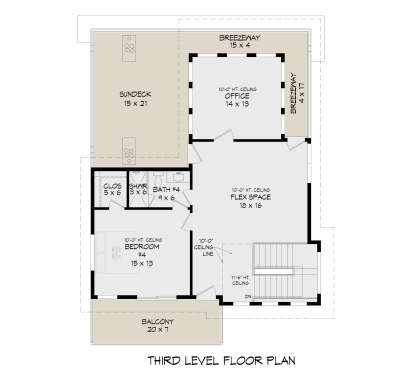 Third Floor: 1BR, 1BA, Office, Flex Space, Closet, Stairs, Sundeck, Balcony, Breezeways. 10' ceilings throughout. House Plan # 940-01460 Third Floor Floor Plan Drawing by America's Best House Plans, Inc.