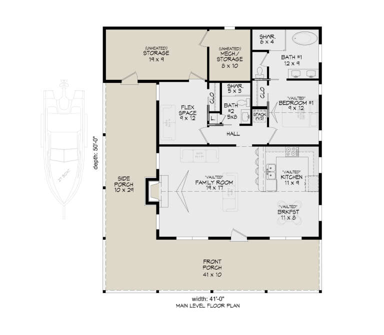 Main Floor: 1BR, 2BA, Vaulted Family, Kitchen, Brkfst, Flex Space, Ldry. Unheated: Storage, Mech, Side/Front Porch. Fireplace. House Plan # 940-01461 Main Floor  Floor Plan Drawing by America's Best House Plans, Inc.