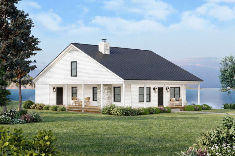 White Cabin, Angled Front Elevation, horizontal siding, metal roof, stone chimney, wood porch, black lanterns, lake view. House Plan # 940-01462 Digital Rendering by America's Best House Plans, Inc.