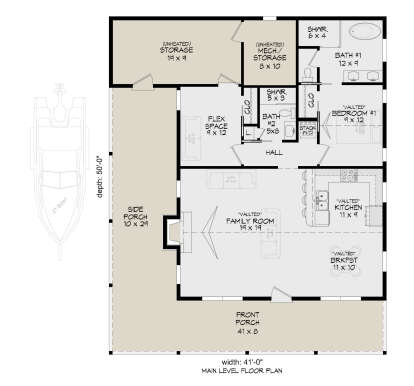 Main Floor: 1BR, 2BA, Flex, Vaulted Family/Kitchen/Brkfst/BR, Ldry, Fireplace, 2 Porches, Unheated Storage/Mech. House Plan # 940-01462 Main Floor  Floor Plan Drawing by America's Best House Plans, Inc.
