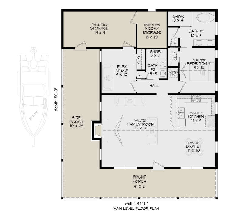 Main Floor: 1BR, 2BA, Flex, Vaulted Family/Kitchen/Brkfst/BR, Ldry, Fireplace, 2 Porches, Unheated Storage/Mech. House Plan # 940-01462 Main Floor  Floor Plan Drawing by America's Best House Plans, Inc.