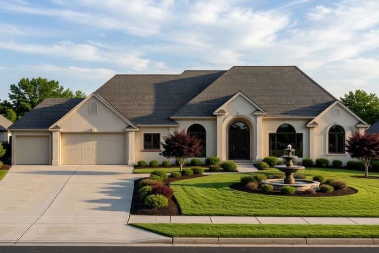 Beige Traditional, Front Elevation with stucco siding, arched entryway, dark windows, stone fountain, and manicured lawn. House Plan # 4440-00005 Digital Rendering by America's Best House Plans, Inc.