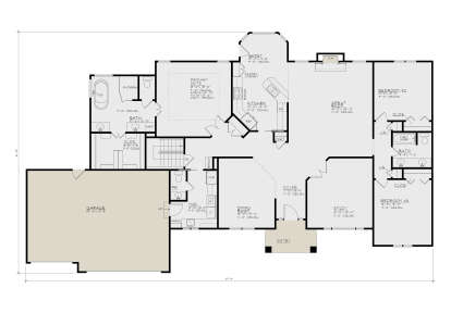 Main Floor: 3BR, 2.5BA, Great Rm w/FP, Kitchen, Brkfst, Dining, Study, Mud, Ldry, WIC, 3-car garage, Box-up Primary ceiling. House Plan # 4440-00005 Main Floor  Floor Plan Drawing by America's Best House Plans, Inc.
