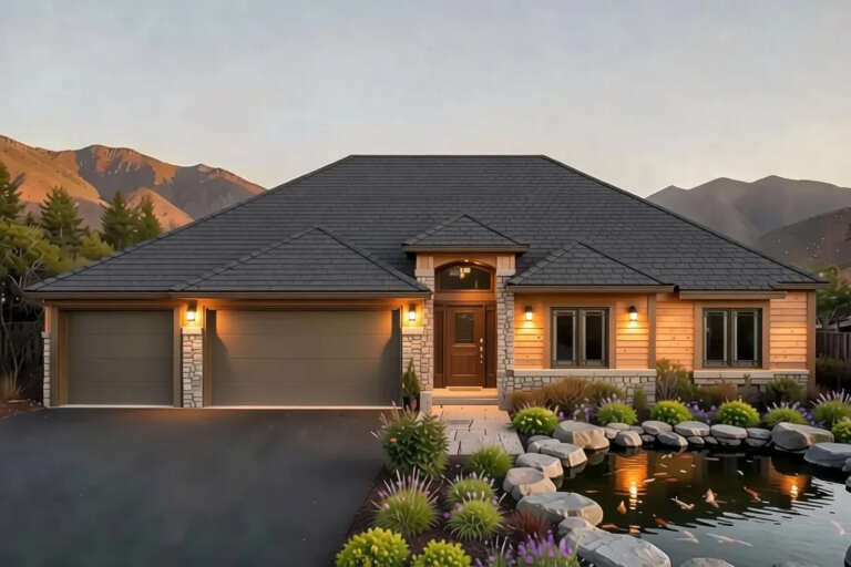 Tan Craftsman, Front Elevation with stone accents, horizontal siding, lit wall sconces, koi pond, and mountain backdrop. House Plan # 4440-00006 Digital Rendering by America's Best House Plans, Inc.