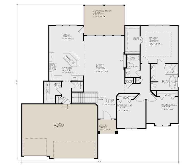 Main Floor: 3BR, 2.5BA, Great Rm w/ FP, Kitchen, Dining, Ldry, 3-car garage, Covered Deck. Tray ceiling in Master. House Plan # 4440-00006 Main Floor  Floor Plan Drawing by America's Best House Plans, Inc.