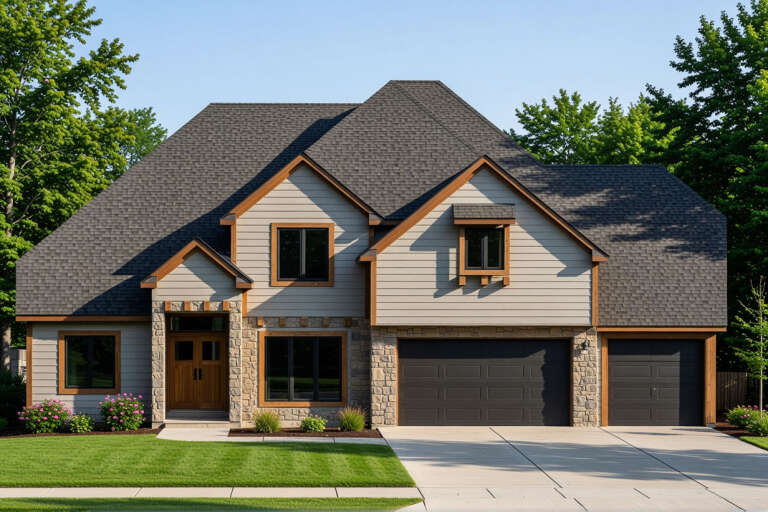 Tan Craftsman, Front Elevation with stone veneer, horizontal siding, dark garage doors, wood entry, and lush landscaping. House Plan # 4440-00007 Digital Rendering by America's Best House Plans, Inc.