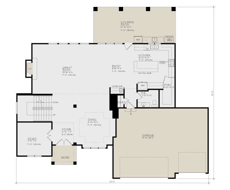 Main Floor: Study, Great Room, Kitchen, Brkfst, Dining, P.R., Pantry, 3-car garage, Covered Patio, FP, Stairs, 18' Foyer. House Plan # 4440-00007 Main Floor  Floor Plan Drawing by America's Best House Plans, Inc.