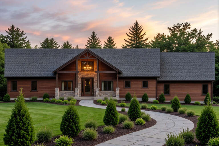 Brown Craftsman, Front Elevation at dusk, wood siding, stone accents, lit chandelier, curved stone path, lush landscaping. House Plan # 4440-00008 Digital Rendering by America's Best House Plans, Inc.