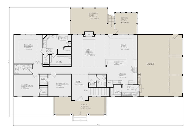 Main Floor: 3BR, 2.5BA, Great Rm, Dining, Kitchen, Mud, Pantry, 3-car garage, Vaulted Great Rm/Porch/Deck, Screened Deck, FP. House Plan # 4440-00008 Main Floor  Floor Plan Drawing by America's Best House Plans, Inc.