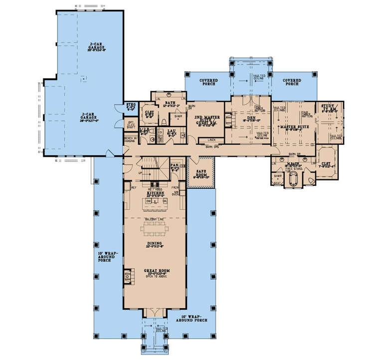 Main Floor: 2BR, 2.5BA, Kitchen, Dining, Great Rm, Den, Study, Safe Rm, Ldry, 4-car garage, 3 Porches, Vaulted ceilings. House Plan # 8318-00495 Main Floor Floor Plan Drawing by America's Best House Plans, Inc.