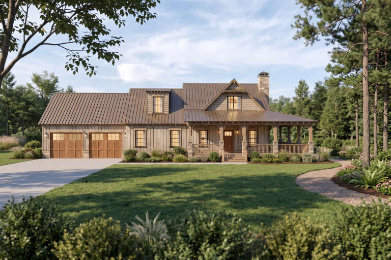 Tan Modern Farmhouse, Front Elevation with metal roof, board-and-batten siding, stone chimney, and wraparound porch. House Plan # 8318-00496 Digital Rendering by America's Best House Plans, Inc.