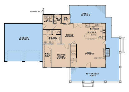 Main Floor: 1BR, 2BA, Den, Dining, Kitchen, Ldry, Pantry, WIC, 2-car garage, gas fireplace, deck, covered porch, stairs. House Plan # 8318-00496 Main Floor Floor Plan Drawing by America's Best House Plans, Inc.