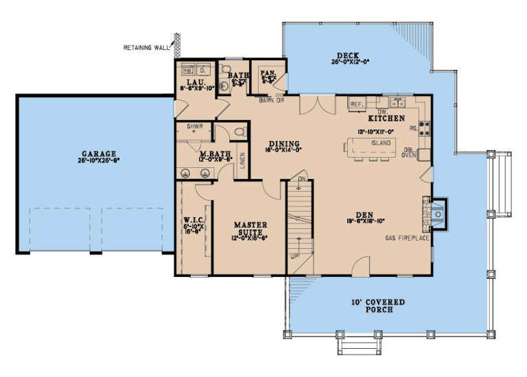 Main Floor: 1BR, 2BA, Den, Dining, Kitchen, Ldry, Pantry, WIC, 2-car garage, gas fireplace, deck, covered porch, stairs. House Plan # 8318-00496 Main Floor Floor Plan Drawing by America's Best House Plans, Inc.