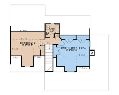 Second Floor: 1BR, 1BA, Unfinished area, stairs, linen closet. Sloped ceilings at 5' and 4' walls. House Plan # 8318-00496 Second Floor Floor Plan Drawing by America's Best House Plans, Inc.