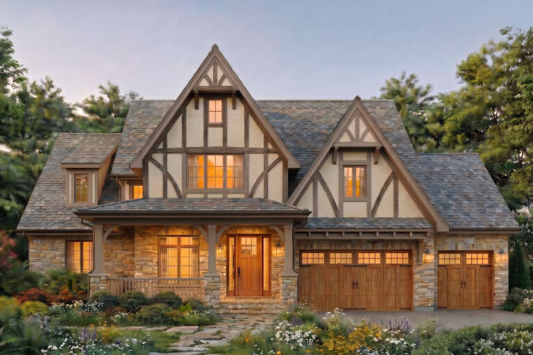 Beige Cottage, Front Elevation with stone base, timber framing, slate roof, wooden garage doors, and warm porch lighting. House Plan # 8318-00497 Digital Rendering by America's Best House Plans, Inc.