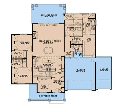 Main Floor: 3BR, 2.5BA, Great Room, Kitchen, Study, Ldry, 3-car garage, Grilling Porch, Covered Porch, Vaulted Master. House Plan # 8318-00497 Main Floor Floor Plan Drawing by America's Best House Plans, Inc.