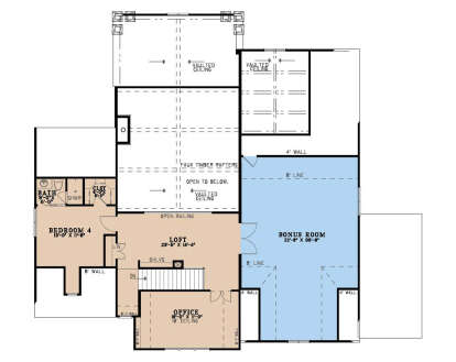Second Floor: 1BR, 1BA, Loft, Office, Bonus Room. Vaulted ceilings, faux timber rafters, open to below, stairs, closets. House Plan # 8318-00497 Second Floor Floor Plan Drawing by America's Best House Plans, Inc.