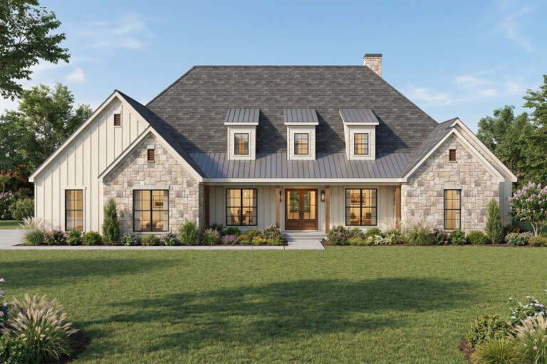 White Modern Farmhouse, Front Elevation with stone siding, metal roof, dormers, wooden door, and lush front landscaping. House Plan # 8318-00498 Digital Rendering by America's Best House Plans, Inc.
