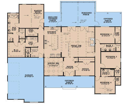 Main Floor: 4BR, 3.5BA, Great Rm, Dining, Office, Kitchen, Ldry. 3-car garage, 3 porches, WIC. Vaulted/Coffered ceilings. House Plan # 8318-00498 Main Floor Floor Plan Drawing by America's Best House Plans, Inc.