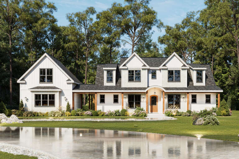 White Modern Farmhouse, Front Elevation, board-and-batten siding, shingle accents, wooden porch, and lush landscaping. House Plan # 699-00534 Digital Rendering by America's Best House Plans, Inc.