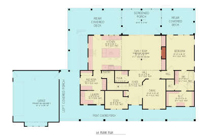 Main Floor: 1BR, 1.5BA, Study, Dining, Vaulted Family w/ FP, Kitchen, Pantry, Ldry, Mud, 3-car garage, Porches, Decks, WIC. House Plan # 699-00534 Main Floor Floor Plan Drawing by America's Best House Plans, Inc.