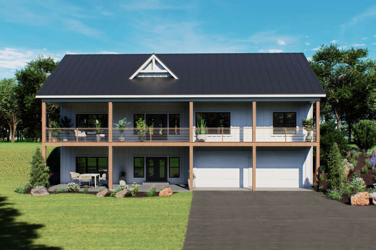 White Craftsman, Rear Elevation, metal roof, board-and-batten siding, double-decker porch, cable railing, lush landscaping. House Plan # 940-01463 Digital Rendering by America's Best House Plans, Inc.