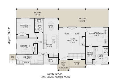 Main Floor: 3BR, 2BA, Vaulted Great Rm & Master, Kitchen, Dining, Pantry, Mud Rm, 2 Balconies, 2 Porches, Deck, Stairs. House Plan # 940-01463 Main Floor  Floor Plan Drawing by America's Best House Plans, Inc.