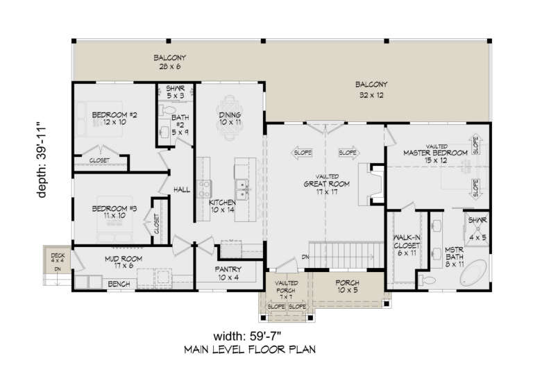 Main Floor: 3BR, 2BA, Vaulted Great Rm & Master, Kitchen, Dining, Pantry, Mud Rm, 2 Balconies, 2 Porches, Deck, Stairs. House Plan # 940-01463 Main Floor  Floor Plan Drawing by America's Best House Plans, Inc.