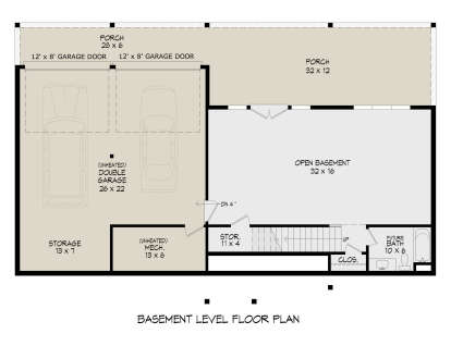 Basement: Open basement, future BA, storage, 2-car garage, stairs, 2 porches. Unheated: garage, storage, mech, porches. House Plan # 940-01463 Basement Floor Plan Drawing by America's Best House Plans, Inc.