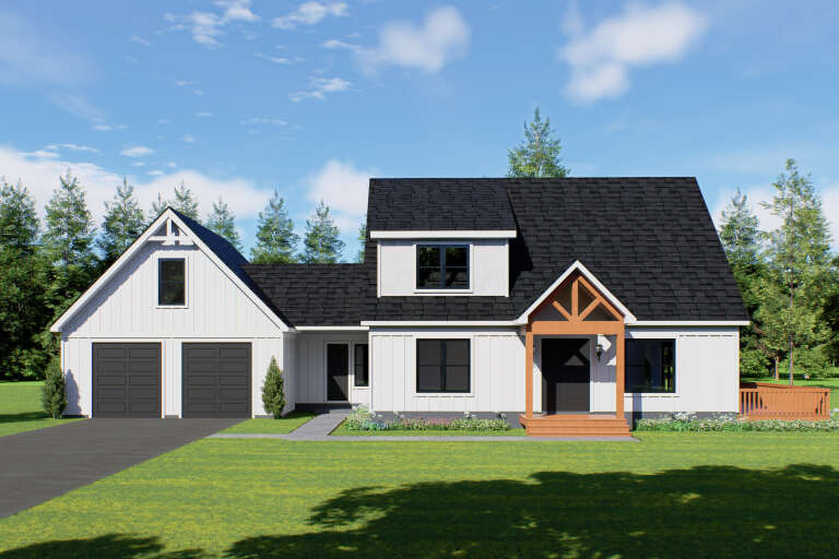 White Modern Farmhouse, Front Elevation, vertical siding, black roof, timber porch, dark garage doors, lush landscaping. House Plan # 940-01464 Digital Rendering by America's Best House Plans, Inc.