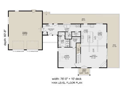 Main Floor: 1BR, 1.5BA, Vaulted Great Rm, Kitchen, Dining, Mud Rm, Ldry, WIC, 2-car garage, Deck, Vaulted Porch, Stairs. House Plan # 940-01464 Main Floor  Floor Plan Drawing by America's Best House Plans, Inc.