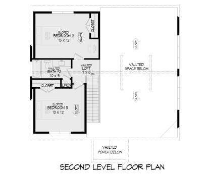 Second Floor: 2 BR, 1 BA, Vaulted Loft, stairs. Sloped ceilings in bedrooms, vaulted bath, closets, linen closet. House Plan # 940-01464 Second Floor Floor Plan Drawing by America's Best House Plans, Inc.
