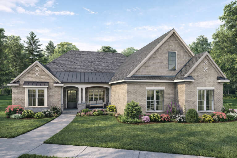 Grey European, Angled Front Elevation, brick and shake siding, metal roof accents, arched porch, and lush landscaping. House Plan # 1070-00372 Digital Rendering by America's Best House Plans, Inc.