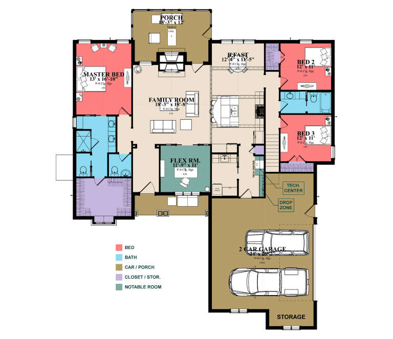 Main Floor: 3BR, 2BA, Family, Flex, Brkfst, Tech Center, Ldry, 2-car garage, storage, vaulted porch. WIC in Master. House Plan # 1070-00372 Main Floor  Floor Plan Drawing by America's Best House Plans, Inc.