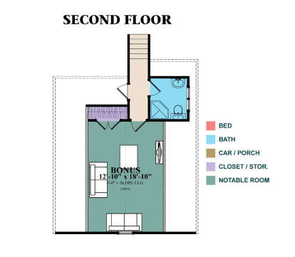 Second Floor: Bonus Room, 1 Bath, closet, stairs. Features sloped ceilings and unfinished area. House Plan # 1070-00372 Bonus Room Floor Plan Drawing by America's Best House Plans, Inc.