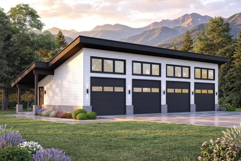 White Modern, Front Elevation, horizontal siding, black garage doors, transom windows, sconce lighting, mountain backdrop. House Plan # 940-01465 Digital Rendering by America's Best House Plans, Inc.