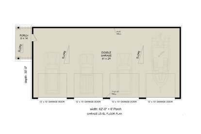 4-car garage, 61'x29' space, 4 garage doors, 1 porch. Unheated space. 9' and 17'8" wall heights. House Plan # 940-01465 Floor Plan Drawing by America's Best House Plans, Inc.