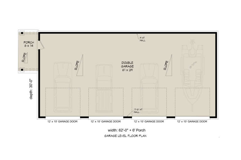 4-car garage, 61'x29' space, 4 garage doors, 1 porch. Unheated space. 9' and 17'8" wall heights. House Plan # 940-01465 Floor Plan Drawing by America's Best House Plans, Inc.