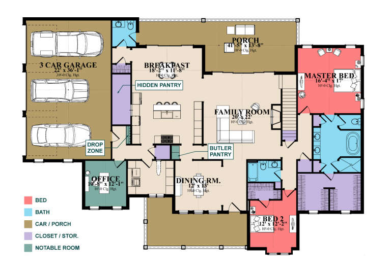 Main Floor: 2BR, 2.5BA, Office, Family, Dining, Brkfst, 3-car garage, Porch, Hidden/Butler Pantries, WICs, 10' ceilings. House Plan # 1070-00373 Main Floor  Floor Plan Drawing by America's Best House Plans, Inc.