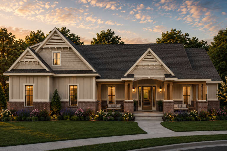 Beige Craftsman, Angled Front Elevation at dusk, board-and-batten siding, brick base, wood columns, lit porch, gardens. House Plan # 1070-00374 Digital Rendering by America's Best House Plans, Inc.