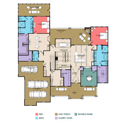 Main Floor: 2BR, 2.5BA, Kitchen, Dining, Vaulted Family, Den, Pantry, Ldry, 3-car garage, 2 Screen Porches, 2 Porches, WIC. House Plan # 1070-00374 Main Floor  Floor Plan Drawing by America's Best House Plans, Inc.